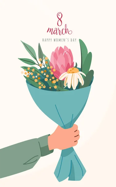 Ramo de flores para mujer, brazo de hombre sosteniendo o dando. Regalo de floración floral de primavera, regalo para la celebración del día 8 de marzo — Vector de stock