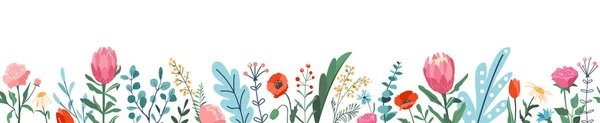 Bloem lente naadloze rand vector illustratie achtergrond. Bloemen en bladeren elementen in horizontale banner in moderne cartoon platte stijl. geïsoleerd op wit — Stockvector