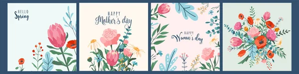 Virág vektor háttér készlet. Tavaszi virág minták post, kártya sablon design. Aranyos kreatív csokor dekoráció. Virágos illusztrációk modern lapos stílusban — Stock Vector