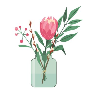 Vazo vektör çiziminde çiçek buketi. Şişe içinde yapraklar ve dallarla çiçek açar. Tatil baskısı tasarımı için modern basit çizgi film tarzı bahar dekorasyonu