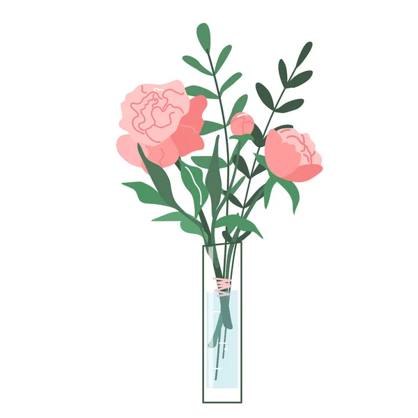 Blumenstrauß in Vase Vektor Illustration. Blütenpracht in Flasche mit Blättern und Zweigen. Frühlingsdekoration im modernen, einfachen Cartoon-Flach-Stil für Urlaubsdruck-Design — Stockvektor