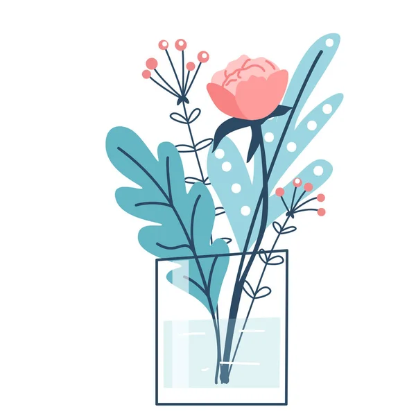 Buquê de flores em vaso ilustração vetorial. Flor floral em garrafa com folhas e galhos. Decoração de primavera em estilo simples moderno de desenho animado plano para design de impressão de férias — Vetor de Stock