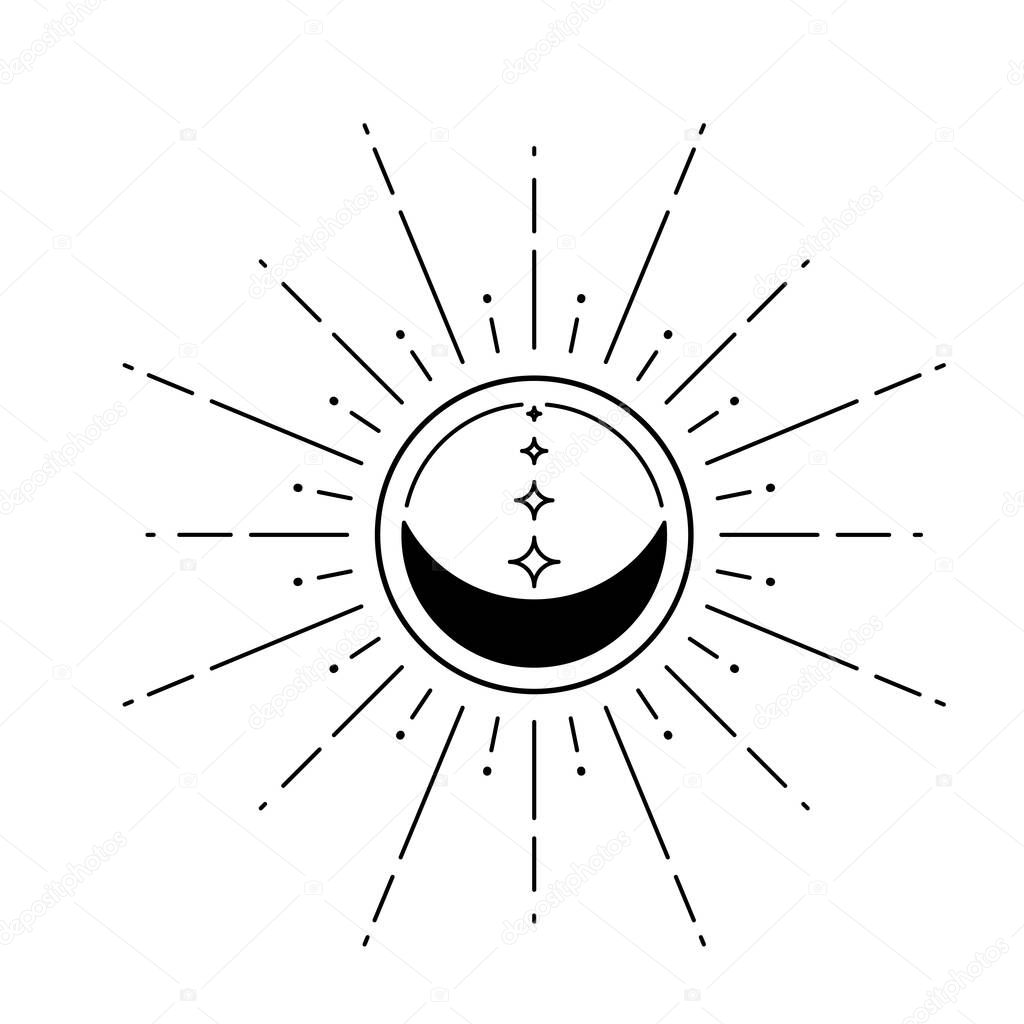 Moon sun vector logo. Line mystic symbol in minimal flat linear style. Magic boho astrology, astronomy illustration template