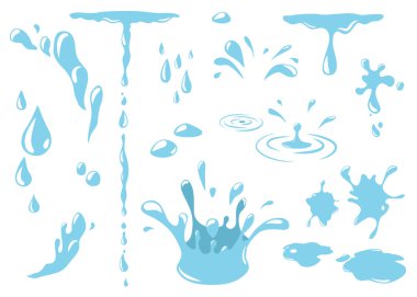 Su damlaları vektör arkaplanı. Damla, damla, sıvı damlacık, beyaz zeminde izole edilmiş basit düz bir şekilde düşen yağmur damlaları. Su simgeleri grafik tasarımı