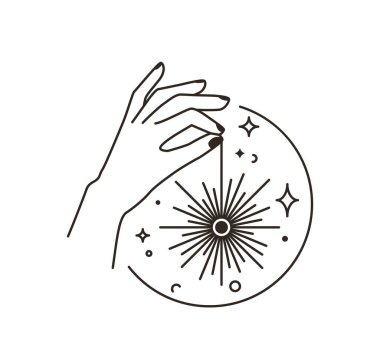 Kadın el logosu yıldız, ay, güneş beyaz arka planda izole edilmiş düz boho tarzı. Güzellik tasarımı için çok az kadın sembolü. Sihirli astroloji modern illüstrasyon