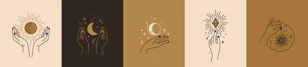 Γυναικείο λογότυπο με αστέρι, φεγγάρι, ήλιο και κρύσταλλο σε λιτό στυλ γραμμή boho. Αφηρημένο ελάχιστο θηλυκό σύμβολο για το σχεδιασμό ομορφιάς. Μαγική απεικόνιση καρτών αστρολογίας — Διανυσματικό Αρχείο