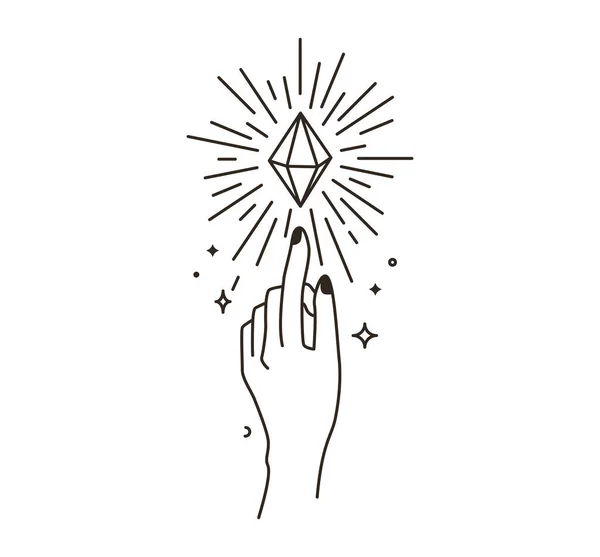 Женщина рука логотип со звездой, хрустальными и солнечными лучами солнца в простой линии плоский стиль boho изолированы на белом фоне. Абстрактный женский символ красоты. Магическая астрология — стоковый вектор