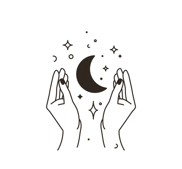 Logotipo de mano mujer con estrella, luna, sol en línea simple estilo boho plano aislado sobre fondo blanco. Símbolo femenino mínimo abstracto para el diseño de belleza. Astrología mágica ilustración moderna — Vector de stock