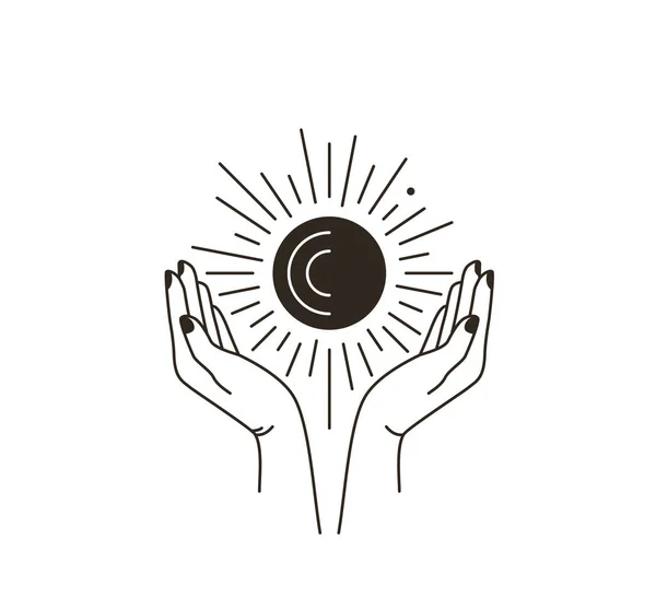 Женщина рука логотип со звездой, луной, солнцем в простой линии плоский стиль boho изолированы на белом фоне. Абстрактный женский символ красоты. Магическая астрология — стоковый вектор
