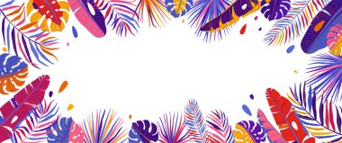 Tropik yapraklar vektör arkaplanı. Yaz yatay afişi, orman egzotik yaprağıyla soyut illüstrasyon, parlak renk damlaları basit düz minimal çizgi modern tarzında. Boşluğu merkezde kopyala