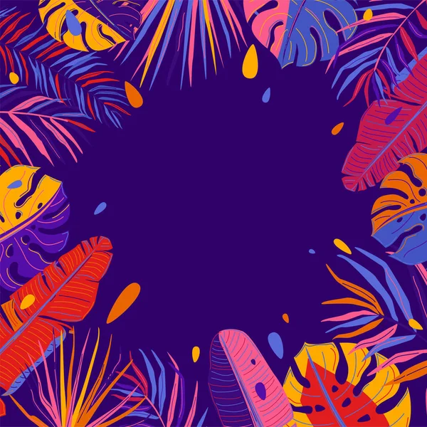 Tropical deja fondo vectorial. Tarjeta de verano, ilustración de patrón abstracto con hoja exótica selva, gotas de color brillante en línea plana simple estilo moderno minimalista. Copiar espacio en el centro — Vector de stock