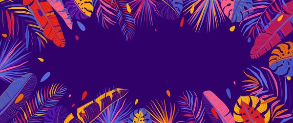 Fundo vetorial de folhas tropicais. Banner horizontal de verão, ilustração abstrata com folha exótica da selva, gotas de cor brilhantes em simples linha plana estilo moderno mínimo. Copiar espaço no centro — Vetor de Stock