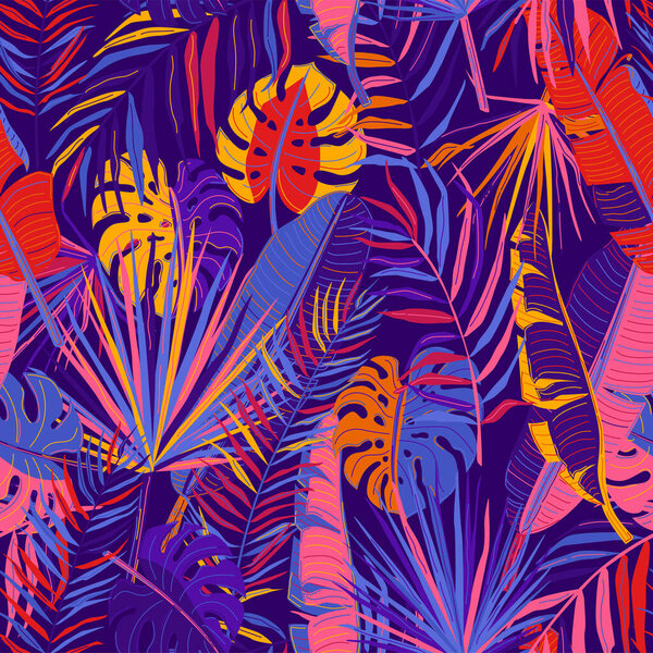 Tropic seamless pattern vector background with tropical leaves in bright color on dark backdrop. Cool floral exotic plant in simple modern flat style