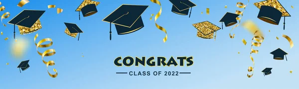卒業生の背景お祝いの卒業生2022クラスは、卒業パーティーのためのテキスト署名を祝います。外交官、帽子、レタリング、金のコンフェッティと空の蛇行とタイポグラフィの挨拶 — ストックベクタ