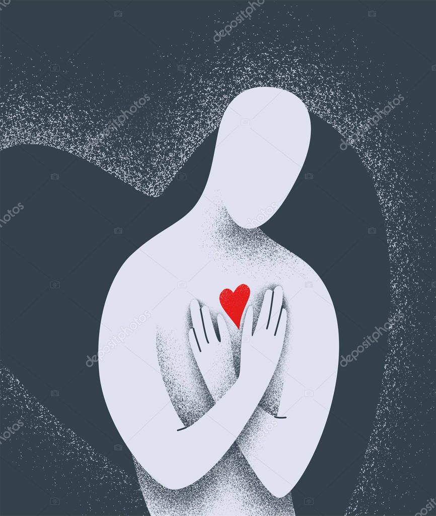 Human body protect heart in his chest vector illustration. Soul, humanity, love yourself concept in minimal simple flat style with texture effect