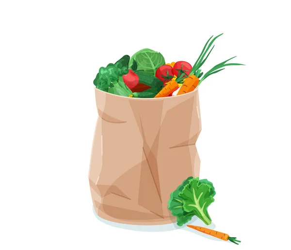 Grocery healthy food vector background. Organic vegetables and fruits in paper bag isolated on white. Natural shopping supermarket, eating concept illustration — Vetor de Stock