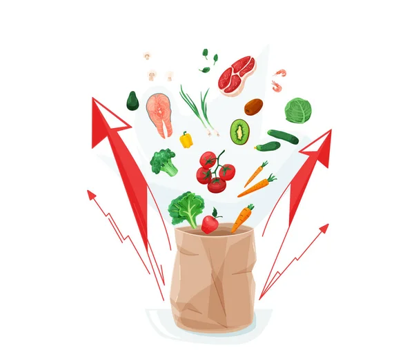 Inflation, increase price vector illustration. Growth of market basket or consumer price index concept. Paper bag with flying food and red growing arrows isolated on white background — Vetor de Stock