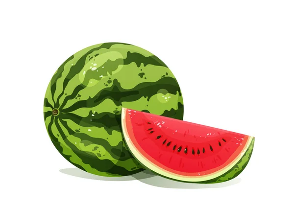 Wassermelone mit saftigen Scheiben isoliert auf weißem Hintergrund im Cartoon-Stil. Bio-Dessert-Konzept für den Sommer — Stockvektor