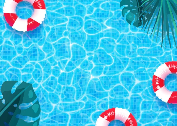 Sommer Pool Vektor Hintergrund. Swimmingpool-Textur, roter und weißer Ring schweben, Palmmonsterblätter Illustration. Kopierraum in der Mitte. Ansicht von oben — Stockvektor