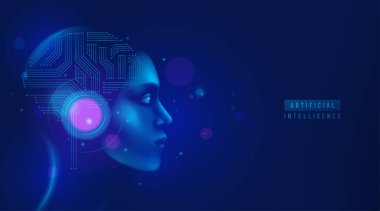 İnsansı robot kafasında yapay zeka sinirsel ağ beyni ve devre kartı. Yapay zeka dijital vektör kavramı, büyük verileri işlemeyi, analiz bilgisini öğrenmektir. Siber aklın insan yüzü.