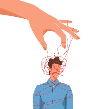 Mind manipulate concept vector illustration with puppet master hand confuses or operates chaos opinions of man isolated on white background. Mental control ropes. Hypnosis influence.