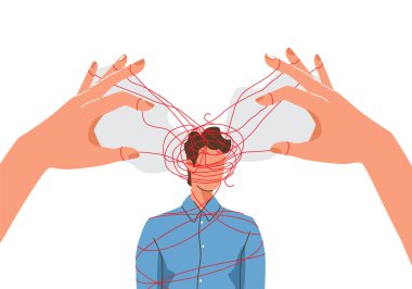 Mind manipulate concept vector illustration with puppet master hands confuses or operates chaos opinions of man isolated on white background. Mental control ropes. Hypnosis influence.