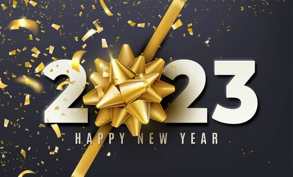 2023 Happy New Year Vector Background Golden Gift Bow Confetti — Image vectorielle