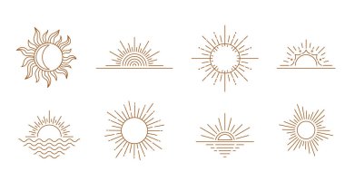 Sun logo design in simple modern line style. Boho element vector set with minimal sunset, sunrise, sunshine. Mystic magic esoteric symbol.
