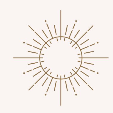Sun logo design in simple modern line style. Boho element vector illustration with minimal sunshine. Mystic magic esoteric symbol. Isolated on light background.