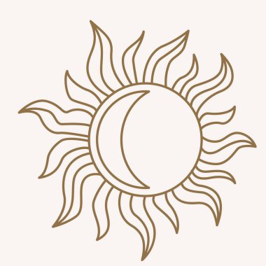 Sun logo design in simple modern line style. Boho element vector illustration with minimal sunshine. Mystic magic esoteric symbol. Isolated on light background.