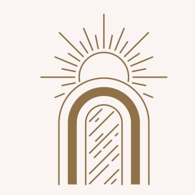 Sun logo design in simple modern line style. Boho element vector illustration with minimal sunshine. Mystic magic esoteric symbol. Isolated on light background.