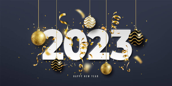 2023 С Новым годом векторный фон. Дизайн праздничных открыток с большими белыми бумажными номерами, золотые конфетти, шары, висящие золотые струны на темном фоне. Роскошные украшения.