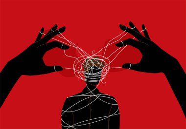 Manipulator concept vector illustration. Puppet master hands manipulate man mind, silhouette. Domination exploitation background. Mental control ropes. clipart