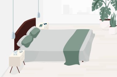 Yatak odası iç tasarım vektör illüstrasyonunu minimal modern düz stilde. Büyük yataklı, komodinli, lambalı, çiçekli hafif İskandinav odası.