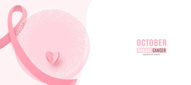 Göğüs kanseri farkındalığı ay sonu vektör pankartı, stilize edilmiş göğüs, kalp, kurdele, metin işareti ile minimum konsept. Basit pembe tarzda kadın yaratıcı sağlık çizimi.