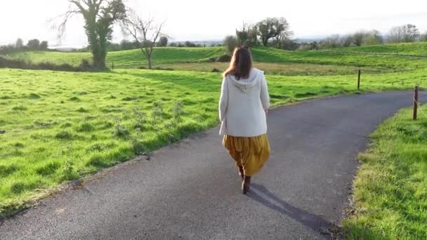 女士走在田野路上 享受阳光 — 图库视频影像