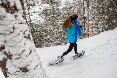 Kanada, Ontario 'da kışın kar ayakkabısı giyen güzel bir kadın.