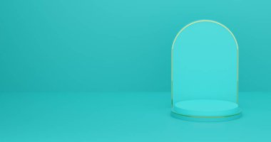 Soyut 3D illüstrasyon gökyüzü mavi altın çizgili gerçekçi 3D resim silindiri kemer şeklinde podyum. Geometrik platformlu JPEG soyut stüdyo odası. Ürünlerin sergilenmesi için en küçük duvar sahnesi