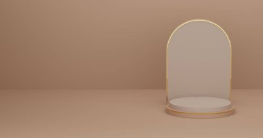 Soyut 3D illüstrasyon kahverengi altın çizgiler gerçekçi 3D resimleme silindiri kemer şeklinde podyum. Geometrik platformlu JPEG soyut stüdyo odası. Ürünlerin sergilenmesi için en küçük duvar sahnesi