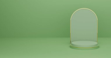 Soyut 3D illüstrasyon yeşil çıkış çizgisi gerçekçi 3D illüstrasyon silindiri kemer şeklinde podyum. Geometrik platformlu JPEG soyut stüdyo odası. Ürünlerin sergilenmesi için en küçük duvar sahnesi