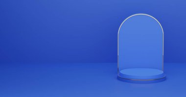 Soyut 3D illüstrasyon mavi altın çizgiler gerçekçi 3D resim silindiri kemer şeklinde podyum. Geometrik platformlu JPEG soyut stüdyo odası. Ürünlerin sergilenmesi için en küçük duvar sahnesi