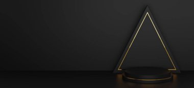 Kozmetik ürünleri sunumu için soyut üçgen siyah, altın çizgili modern 3d çizim şekilli. Şekil Podyum tasarımı. Pastel rengi asgari duvar sahnesi.
