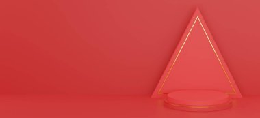 Kozmetik ürünlerin sunumu için soyut üçgen kırmızı, altın çizgili modern 3d çizim şekli. Şekil Podyum tasarımı. Pastel rengi asgari duvar sahnesi.