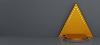 Altın çizgili soyut üçgen altın kozmetik ürünler sunumu için modern 3d illüstrasyon şekli. Şekil Podyum tasarımı. Pastel rengi asgari duvar sahnesi.