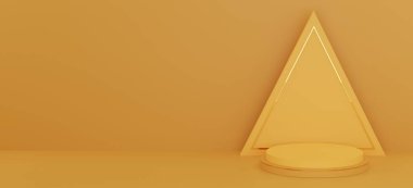 Altın çizgili soyut üçgen sarı kozmetik ürünler sunumu için modern 3d çizim şekli. Şekil Podyum tasarımı. Pastel rengi asgari duvar sahnesi.