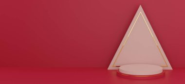 Kozmetik ürünleri sunumu için soyut üçgen pembe, altın çizgili modern 3d çizim şekilli. Şekil Podyum tasarımı. Pastel rengi asgari duvar sahnesi.