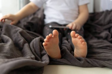 Yumuşak bir battaniyeyle pencereye oturmuş ve cep telefonu kullanan küçük bir kızın kırpılmış görüntüsü..