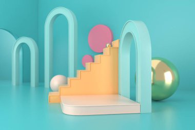 Soyut pastel renk arkaplanı, podyum için minimalist model, modern sahne, ekran veya vitrin, 3D görüntüleme.