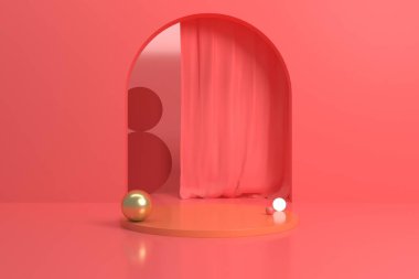 Soyut kırmızı arkaplan, podyum için minimalist model, modern sahne, ekran veya vitrin, 3D görüntüleme.
