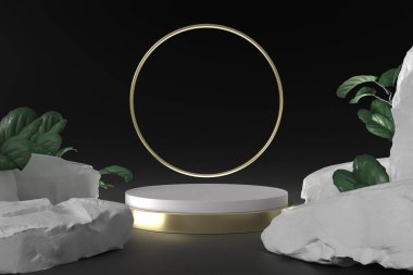 Soyut siyah arkaplan, podyum için minimalist model, modern sahne, ekran veya vitrin, 3D görüntüleme.
